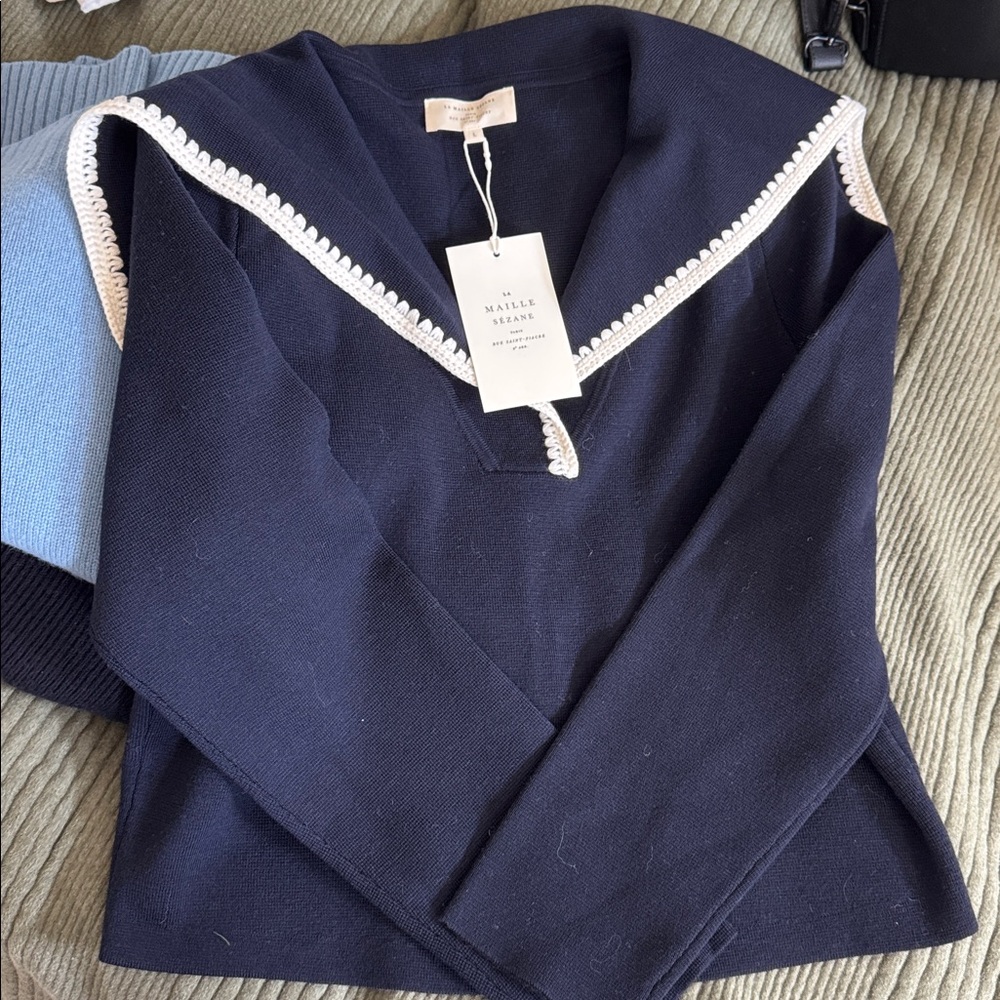 Sezane Naya Jumper Marine With Ecru Details - Size L - Picture 2 of 4